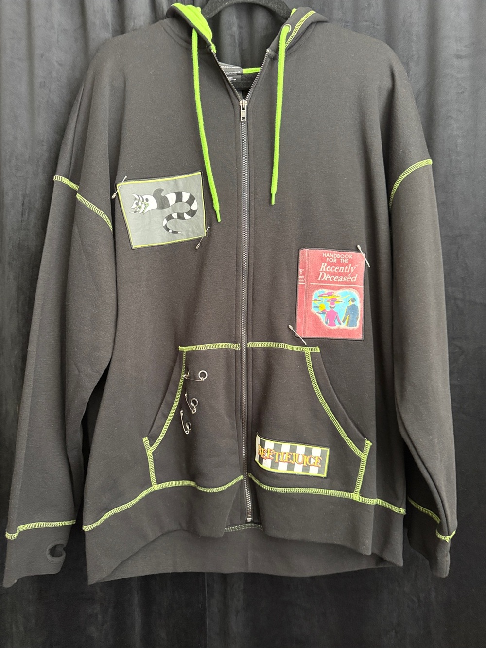 Black Hot Topic Beetlejuice Hoodie Jacket with Neon Green Accents